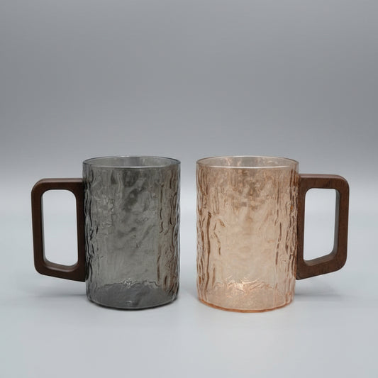Textured Glass Coffee Mug with Wooden Handle (Smoky Black & Amber Gold)
