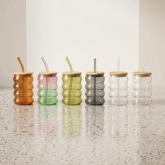 Echou 500ml Origami Ripple Glass Tumbler with Bamboo Lid & Glass Straw