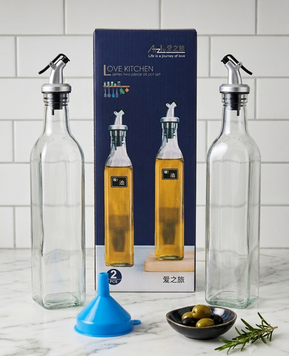 2-Piece Glass Oil & Vinegar Dispenser Bottle Set with Drip-Free Pour Spouts