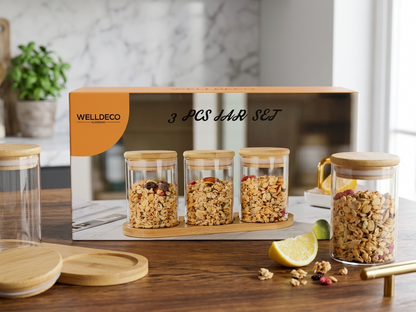 3-Piece Glass Storage Jar Set with Bamboo Lids & Wooden Tray | Airtight Kitchen Containers