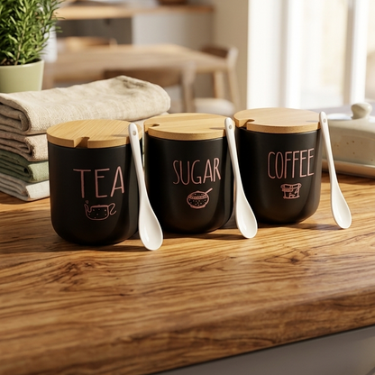 3-Piece Tea, Coffee & Sugar Storage Canister Set with Bamboo Lids & Spoons | Kitchen Counter Storage Jars