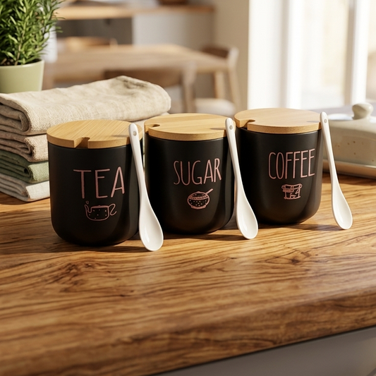 3-Piece Tea, Coffee & Sugar Storage Canister Set with Bamboo Lids & Spoons | Kitchen Counter Storage Jars