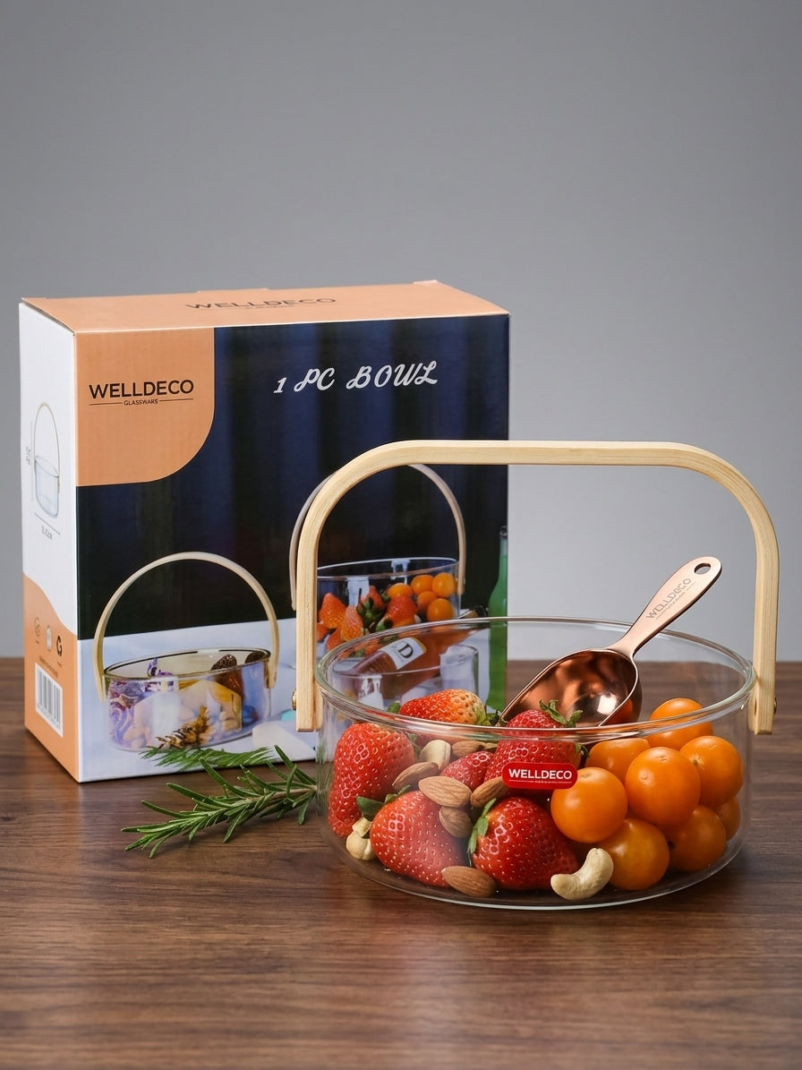 Premium Glass Serving Bowl with Wooden Handle | Fruit & Salad Bowl