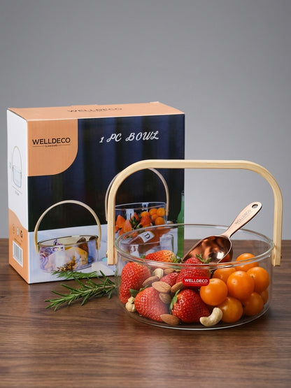 Premium Glass Serving Bowl with Wooden Handle | Fruit & Salad Bowl