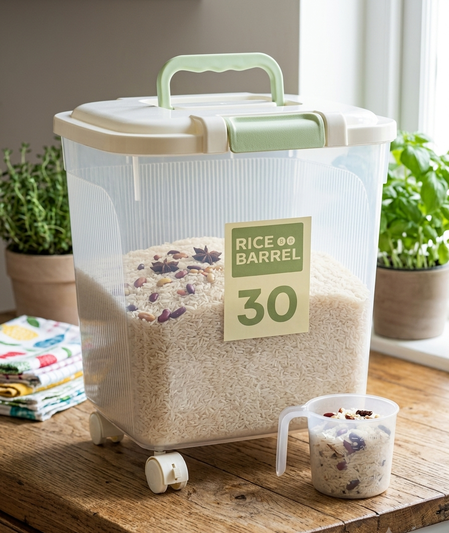 Rice Storage Container with Wheels | Airtight Floor Rice Bucket with Measuring Cup & Dispenser