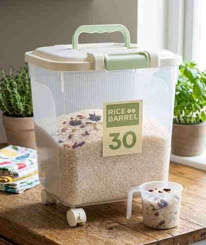 Rice Storage Container with Wheels | Airtight Floor Rice Bucket with Measuring Cup & Dispenser