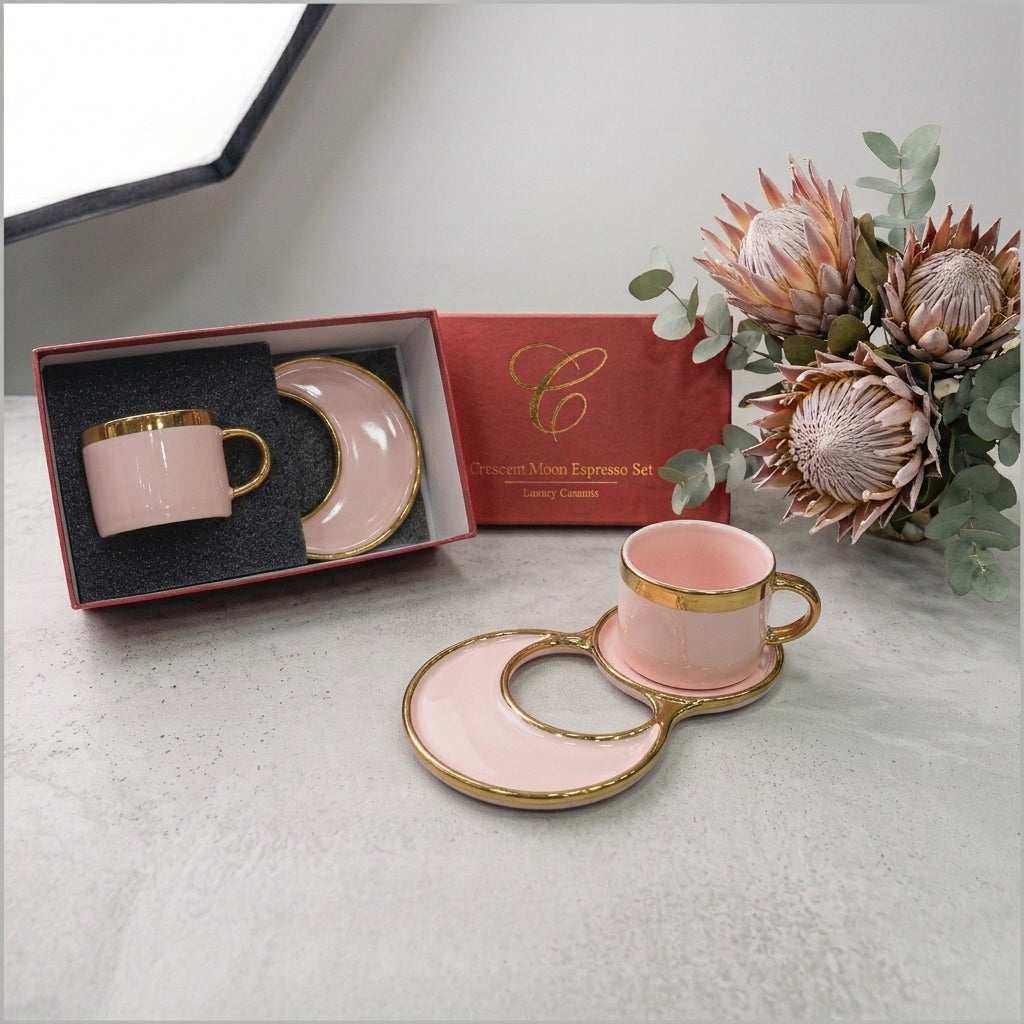Elegant Ceramic Espresso Cup & Crescent Saucer Set with Gold Trim