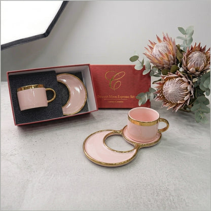 Elegant Ceramic Espresso Cup & Crescent Saucer Set with Gold Trim
