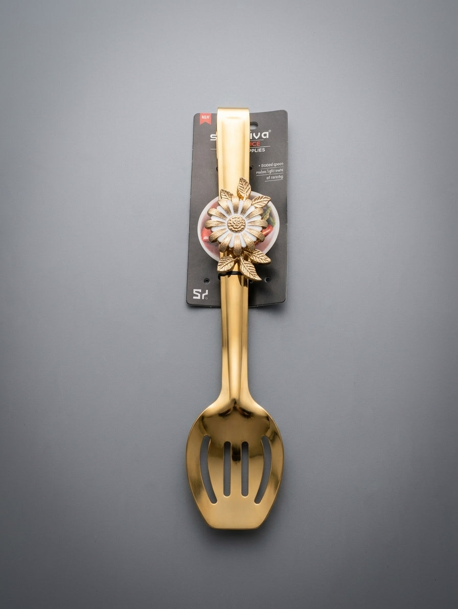 Luxury Gold Stainless Steel Flower Serving Tongs (Spaghetti & Slotted Spoon)