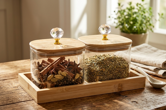 2-Piece Glass Storage Jar Set with Wooden Tray & Airtight Wooden Lids | Kitchen Counter Organizer