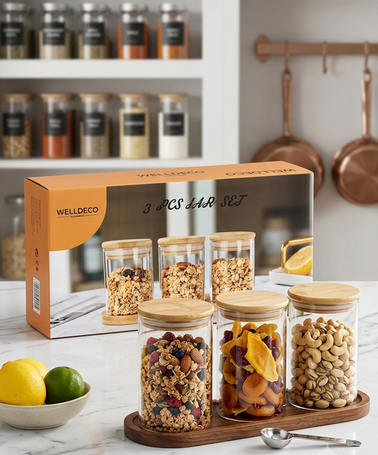 3-Piece Glass Storage Jar Set with Bamboo Lids & Wooden Tray | Airtight Kitchen Containers