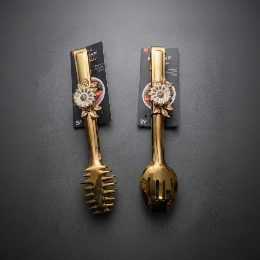 Luxury Gold Stainless Steel Flower Serving Tongs (Spaghetti & Slotted Spoon)