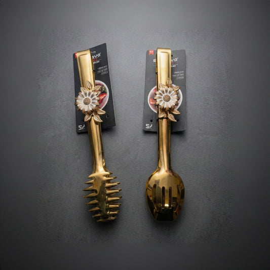 Luxury Gold Stainless Steel Flower Serving Tongs (Spaghetti & Slotted Spoon)