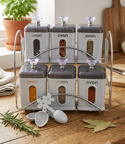 Livon 6-Piece Kitchen Storage Jar Set with Metal Stand & Spoons – Multipurpose Spice and Condiment Organizer