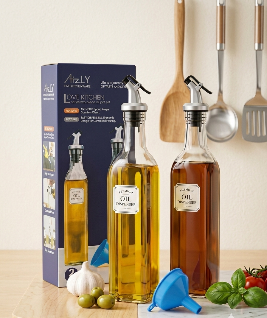 2-Piece Glass Oil & Vinegar Dispenser Bottle Set with Drip-Free Pour Spouts