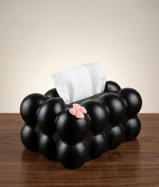 Modern Bubble Tissue Box Cover – Black Decorative Tissue Holder with Pink Bow