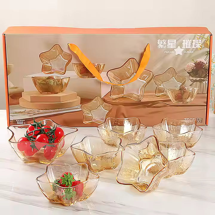 Jiajia Gift 7-Piece Amber Star-Shaped Glass Bowl & Plate Serving Set