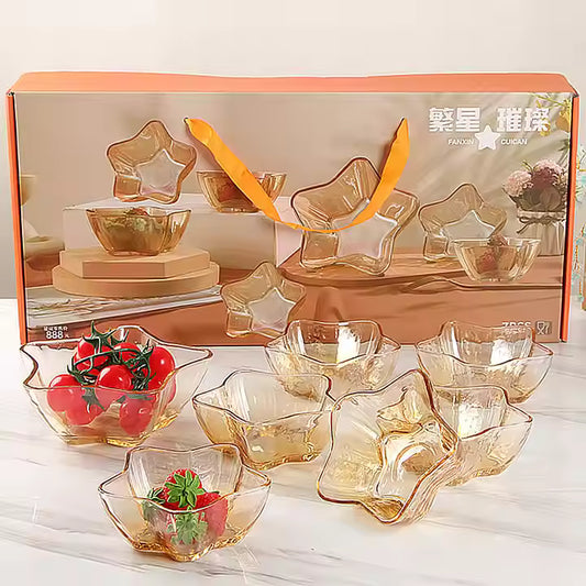 Jiajia Gift 7-Piece Amber Star-Shaped Glass Bowl & Plate Serving Set