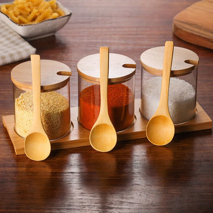 3-Piece Glass Seasoning Jar Set with Bamboo Lids, Spoons & Tray