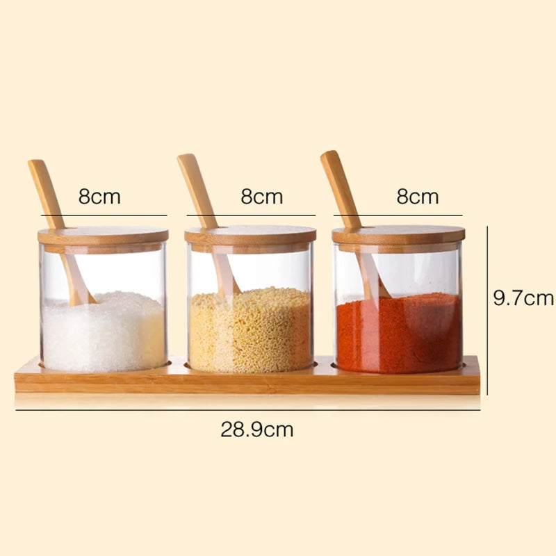 3-Piece Glass Seasoning Jar Set with Bamboo Lids, Spoons & Tray