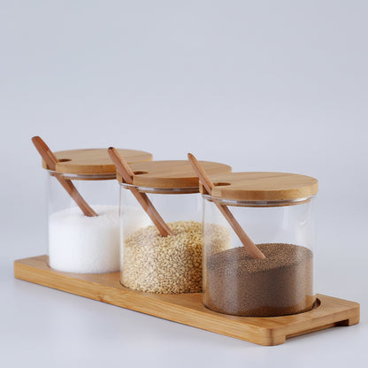 3-Piece Glass Seasoning Jar Set with Bamboo Lids, Spoons & Tray