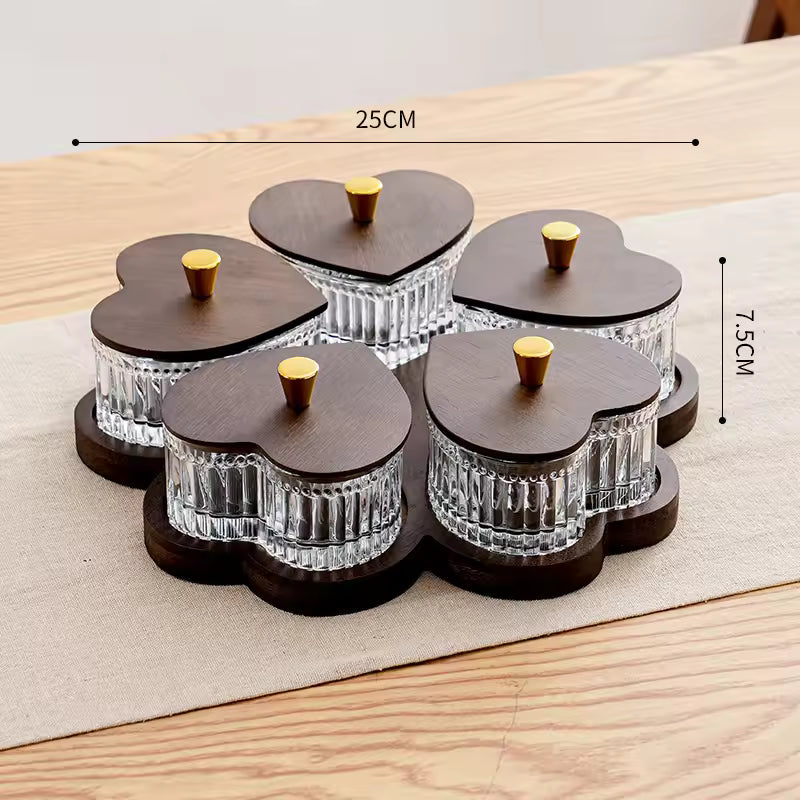 5-Piece Rotating Heart-Shaped Glass Snack Tray Set with Wooden Lids