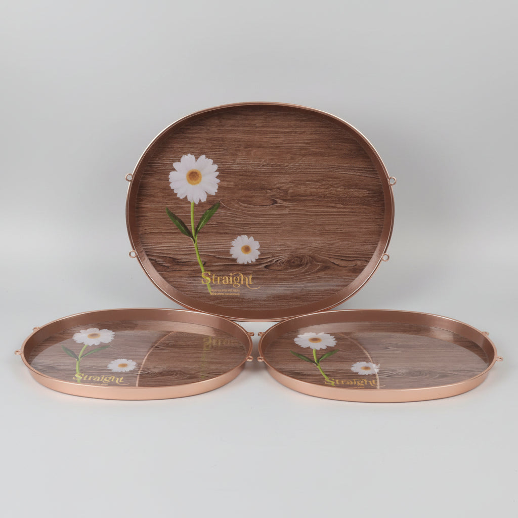 Rose Gold Oval Serving Tray Set with Daisy Wood-Print Design – 3 Pieces