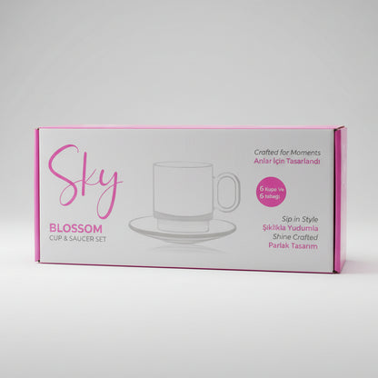 Sky Blossom Cup & Saucer Set – 12 Piece (6 Cups & 6 Saucers)