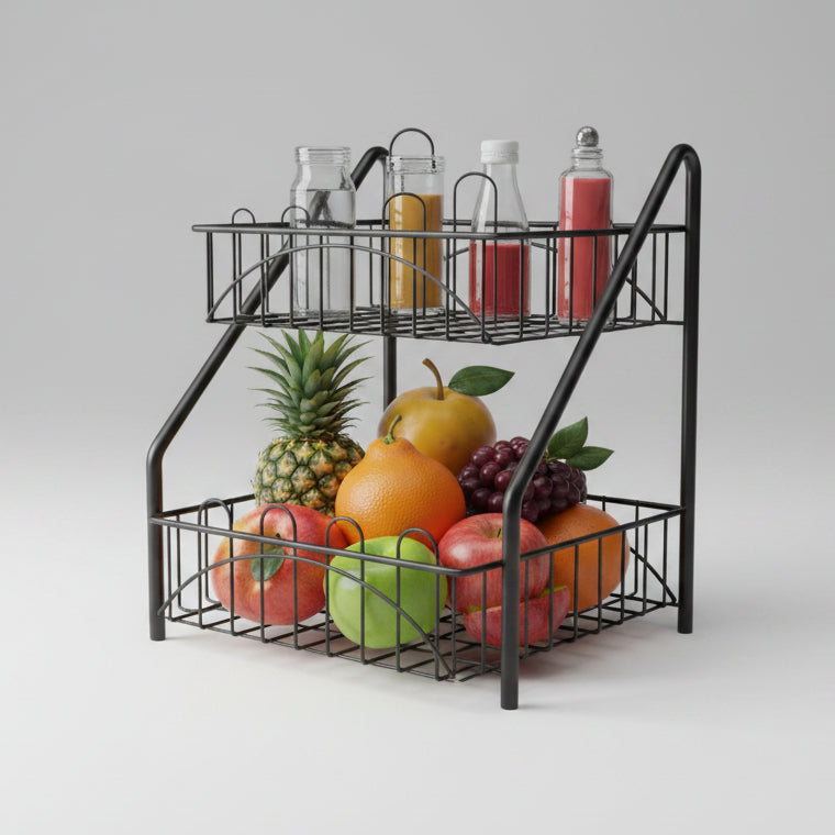 2-Tier Fruit Basket with Bottle Rack – Kitchen Storage Stand