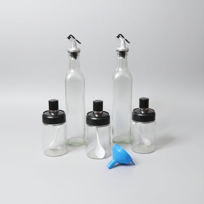 Glass Oil & Spice Dispenser Set – 5 Pieces