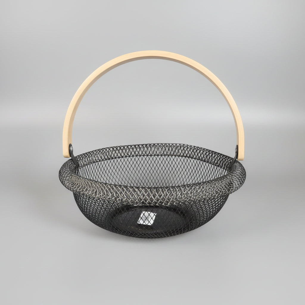 Woven Metal Wire Basket with Wooden Handle – Round Storage & Fruit Basket