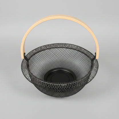 Woven Metal Wire Basket with Wooden Handle – Round Storage & Fruit Basket