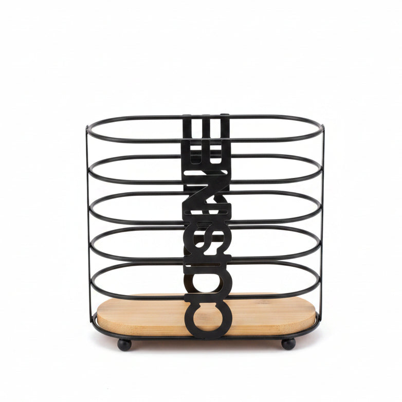 Black Wire Utensil Holder with Wooden Base