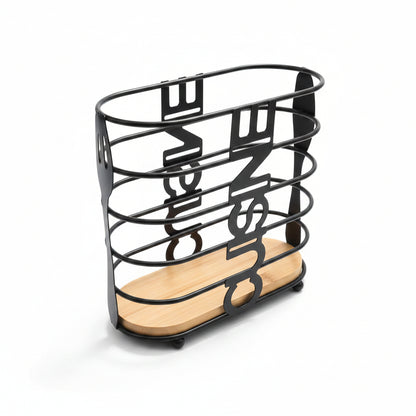 Black Wire Utensil Holder with Wooden Base