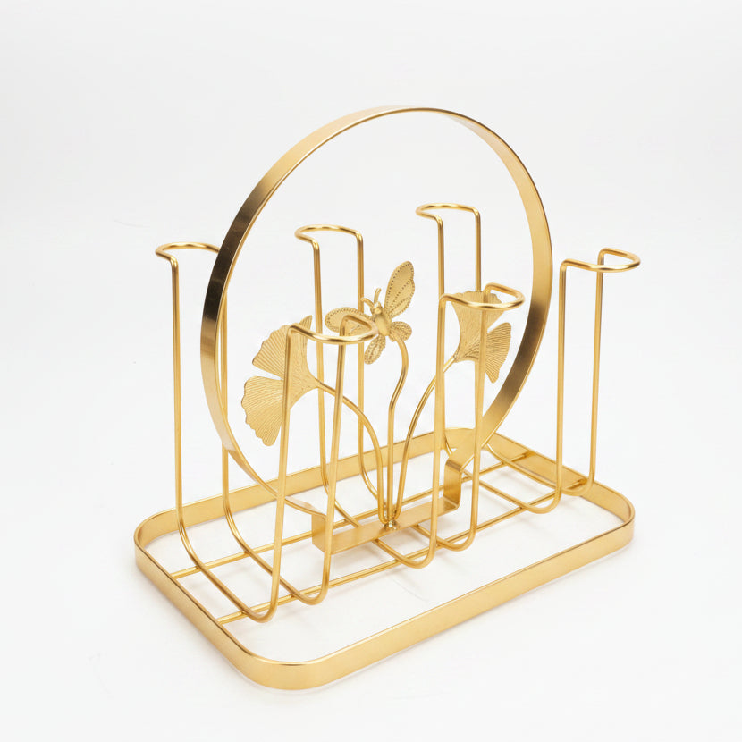 Gold Wire Cup Holder Rack with Butterfly & Leaf Design
