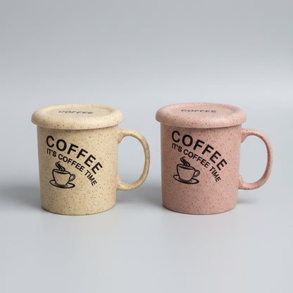 "It's Coffee Time" Speckled Ceramic Mug with Lid