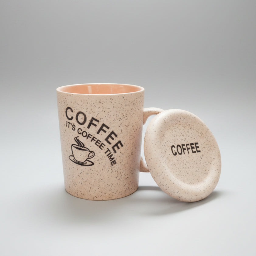 "It's Coffee Time" Speckled Ceramic Mug with Lid