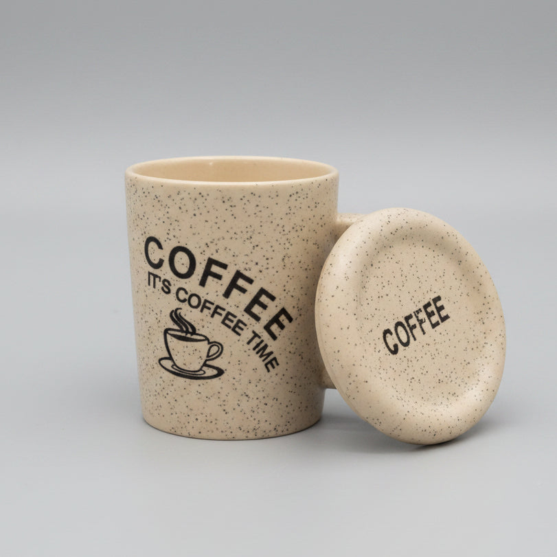 "It's Coffee Time" Speckled Ceramic Mug with Lid