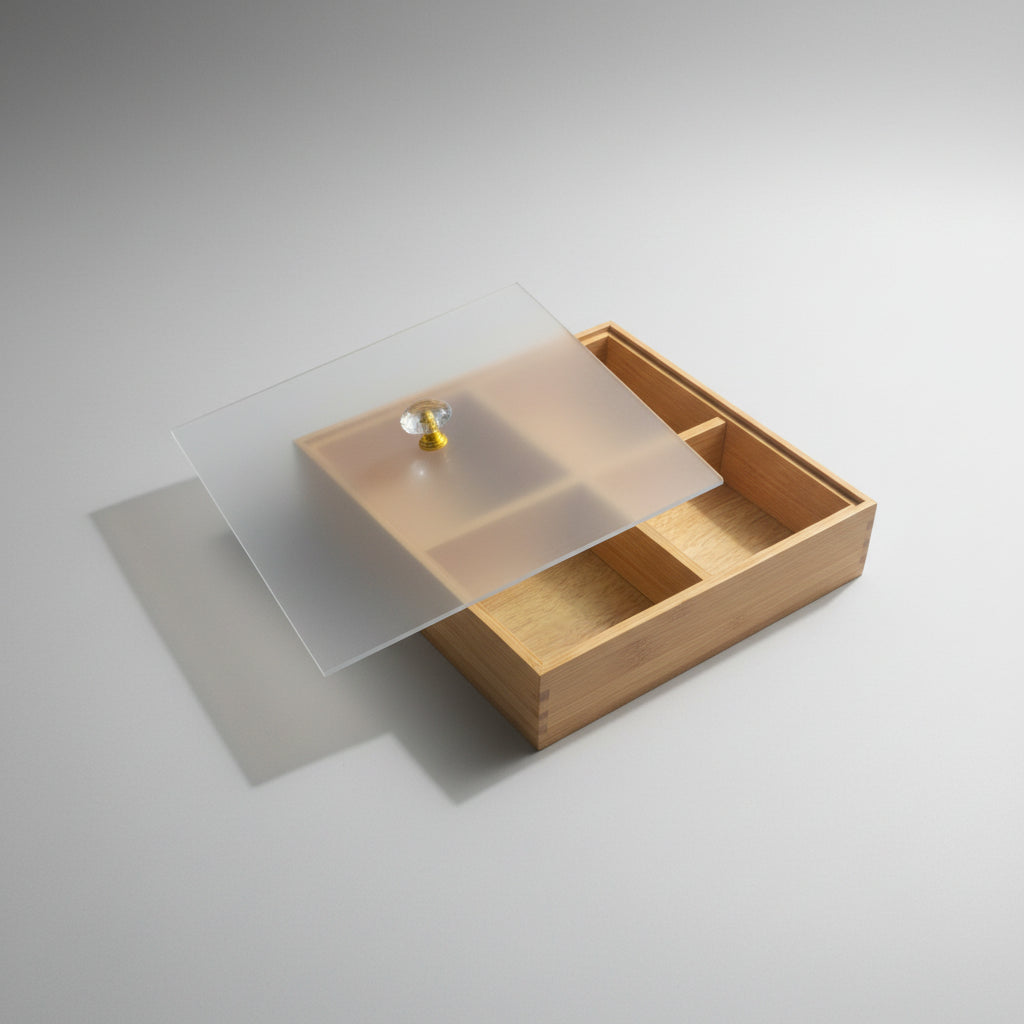 4-Grid Wooden/Bamboo Organizer Box with Frosted Acrylic Lid & Crystal Knob