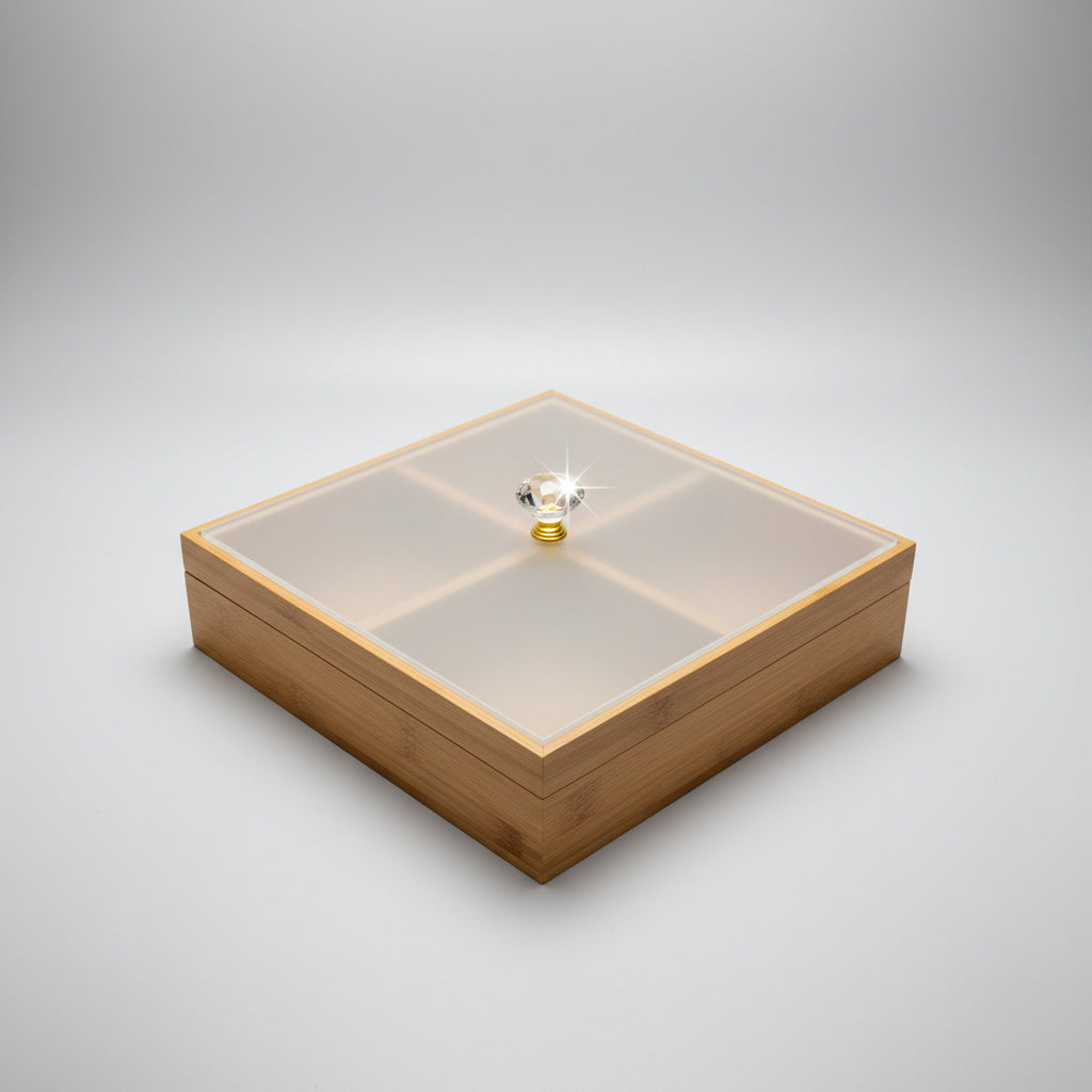 4-Grid Wooden/Bamboo Organizer Box with Frosted Acrylic Lid & Crystal Knob