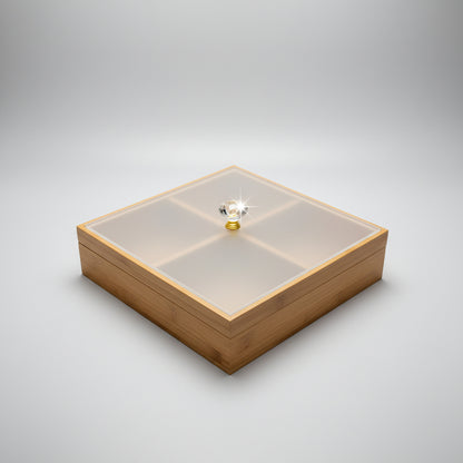4-Grid Wooden/Bamboo Organizer Box with Frosted Acrylic Lid & Crystal Knob