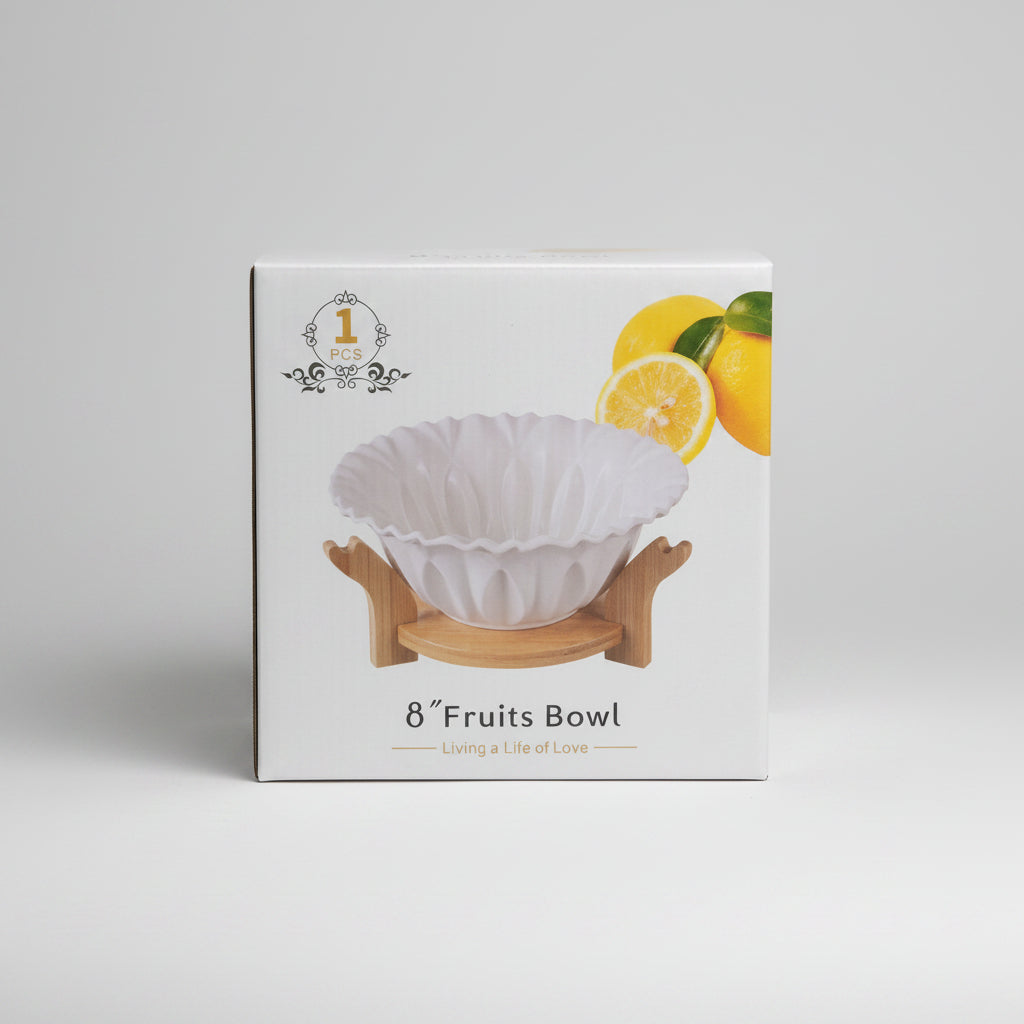 Ceramic Fruit Bowl with Wooden Stand Base – Fluted Lotus Design