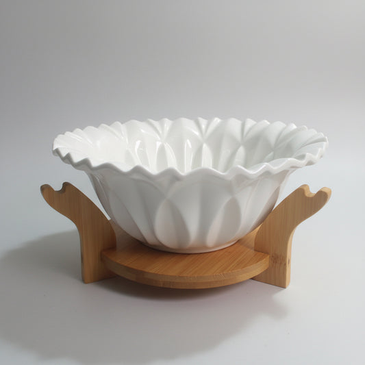 Ceramic Fruit Bowl with Wooden Stand Base – Fluted Lotus Design