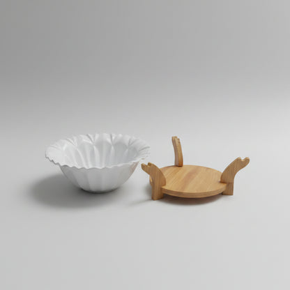 Ceramic Fruit Bowl with Wooden Stand Base – Fluted Lotus Design