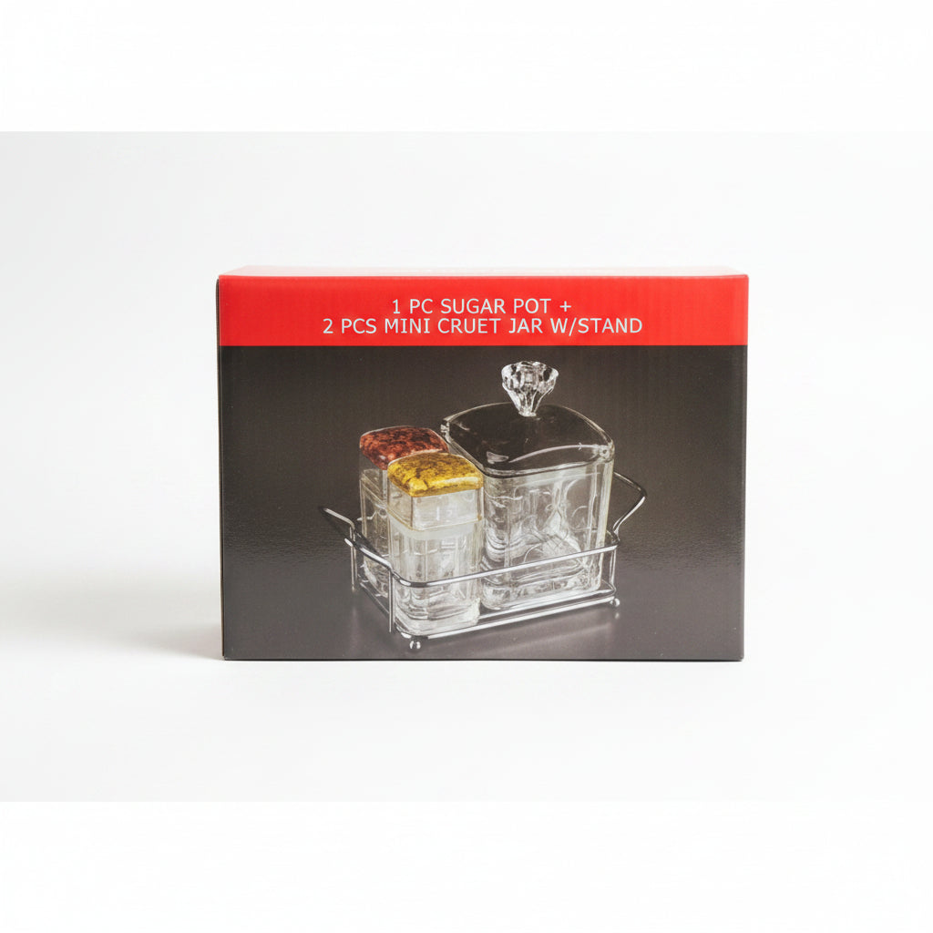 4-Piece Crystal-Style Glass Condiment Set – Sugar Bowl, Salt & Pepper Cruet Jams with Stand