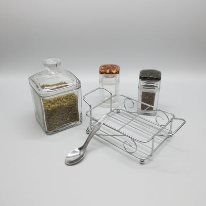 4-Piece Crystal-Style Glass Condiment Set – Sugar Bowl, Salt & Pepper Cruet Jams with Stand