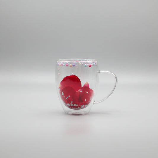 Double-Wall Glass Mug with Floating Flower Petals & Pastel Sprinkles