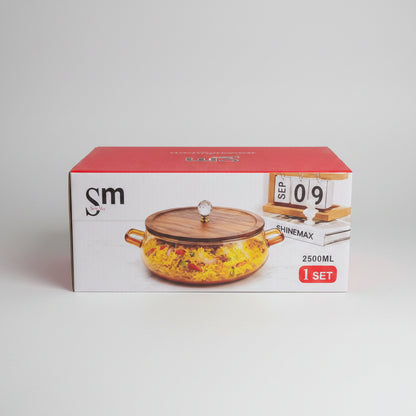 Shinemax (SM) 2500ml Glass Casserole Serving Dish with Wooden Lid & Crystal Knob