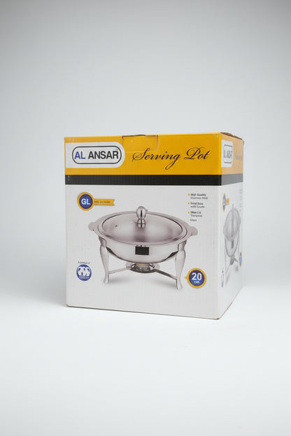 AL ANSAR Stainless Steel Serving Pot | Chafing Dish with Glass Lid & Candle Warmer