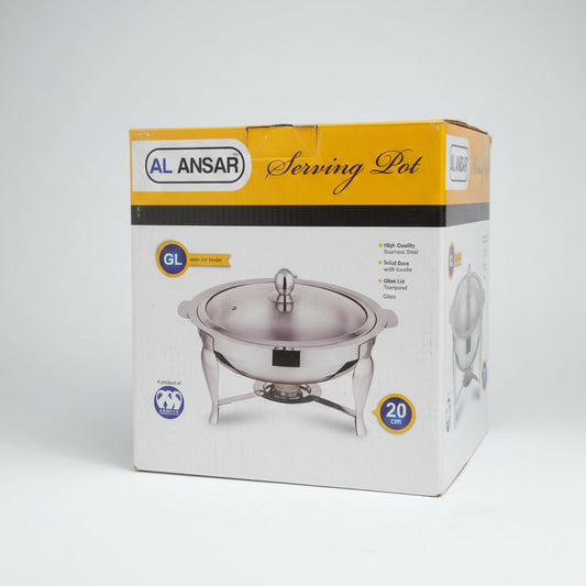 AL ANSAR Stainless Steel Serving Pot | Chafing Dish with Glass Lid & Candle Warmer
